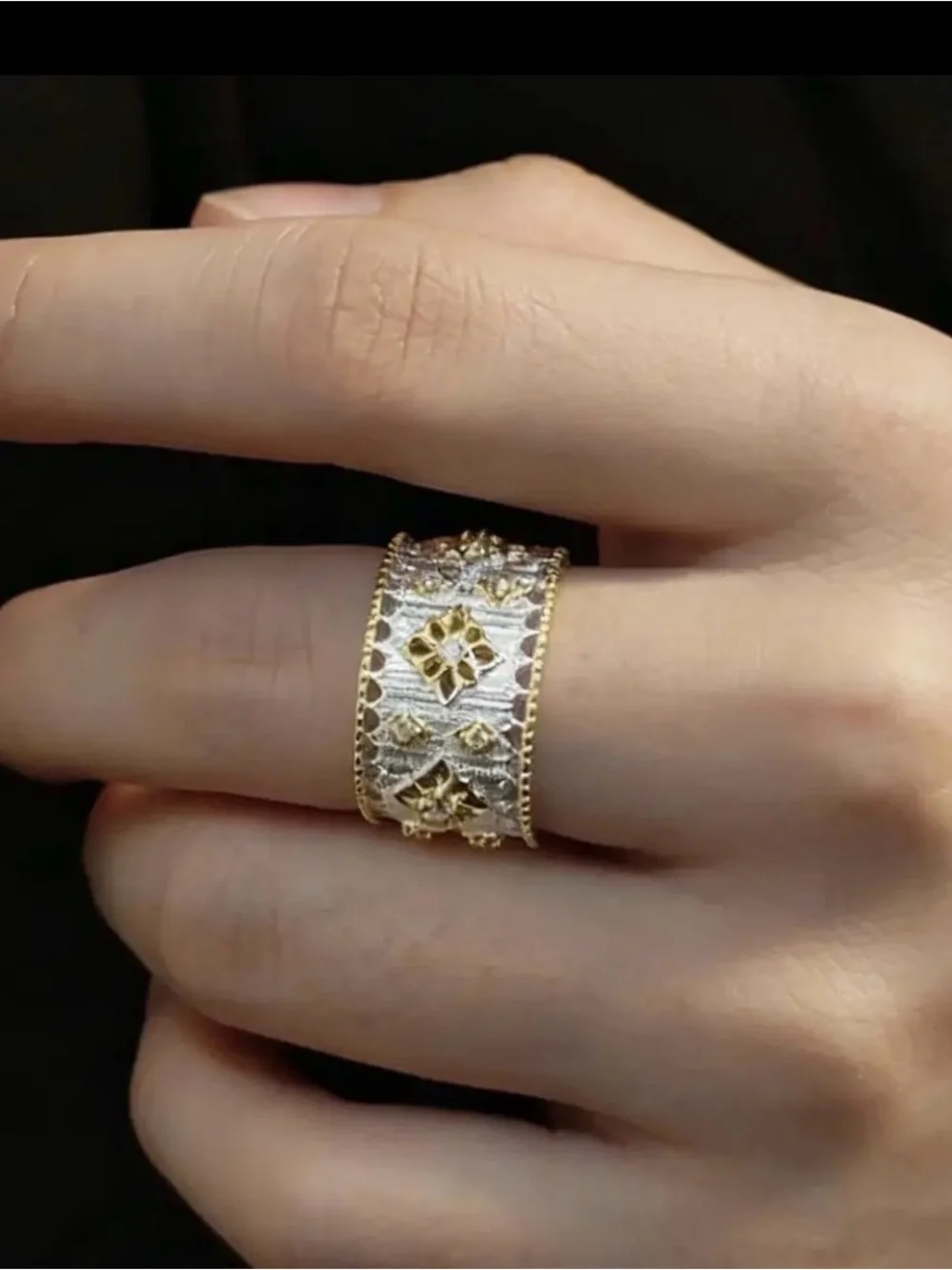 Elegant Hollow Lace Floral Wide Band Ring